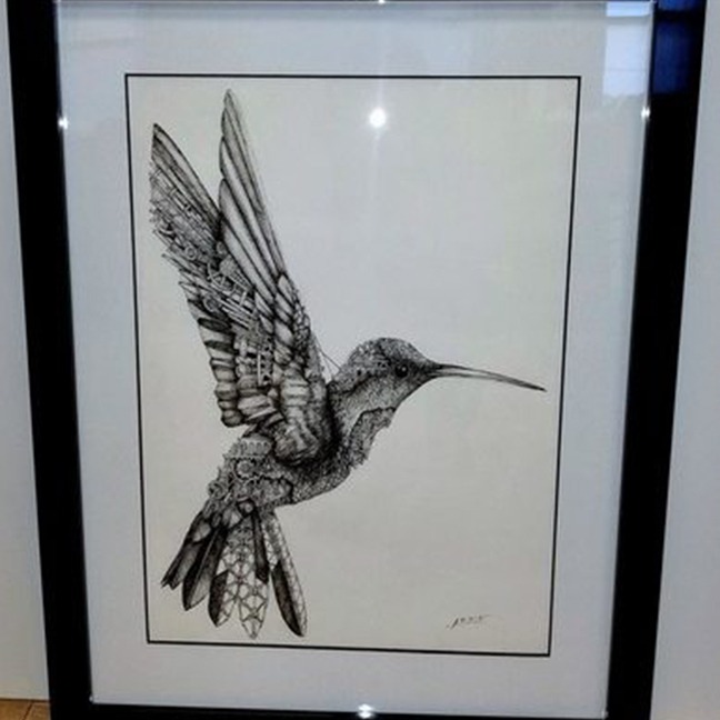 custom framed illustrations of humming bird in black & white