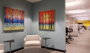 Custom Framed Artwork installed for Wintrust in Milwaukee corner meeting section