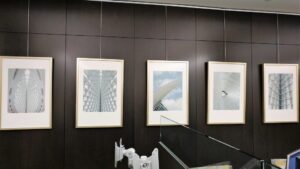 Custom Framed Artwork installed for Wintrust in Milwaukee against the brown wall
