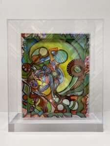 Front of Deep Running by Susan Martin, Vitrine, two-sided frame framing by Seaberg Framing, Artmill Group, Prints Unlimited